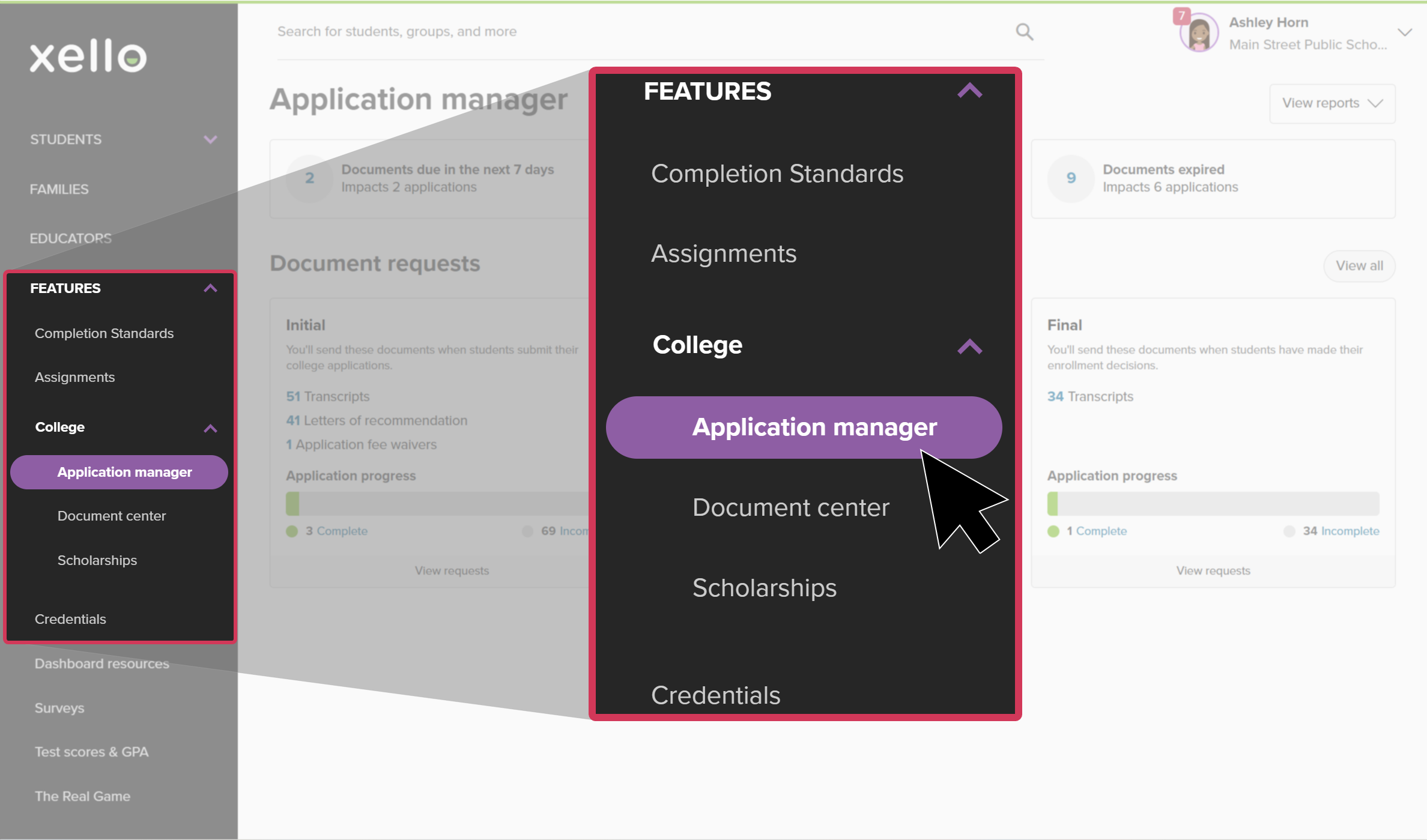Click to enlarge Educator account in Xello. In the left menu, Features is open. The College menu is also open and the cursor is selecting Application manager.